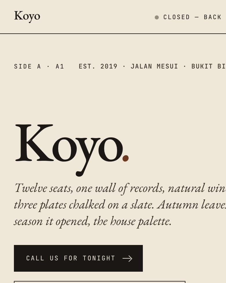 Koyo listening bar mobile website concept